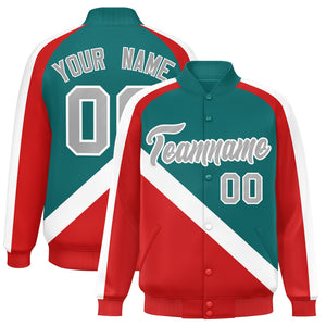 Custom Aqua Red Raglan Sleeves Varsity Full-Snap Letterman Baseball Jacket