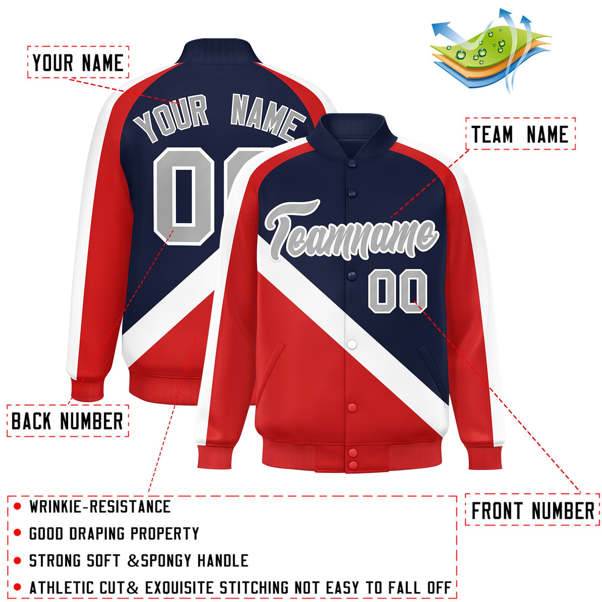 Custom Navy Red Raglan Sleeves Varsity Full-Snap Letterman Baseball Jacket