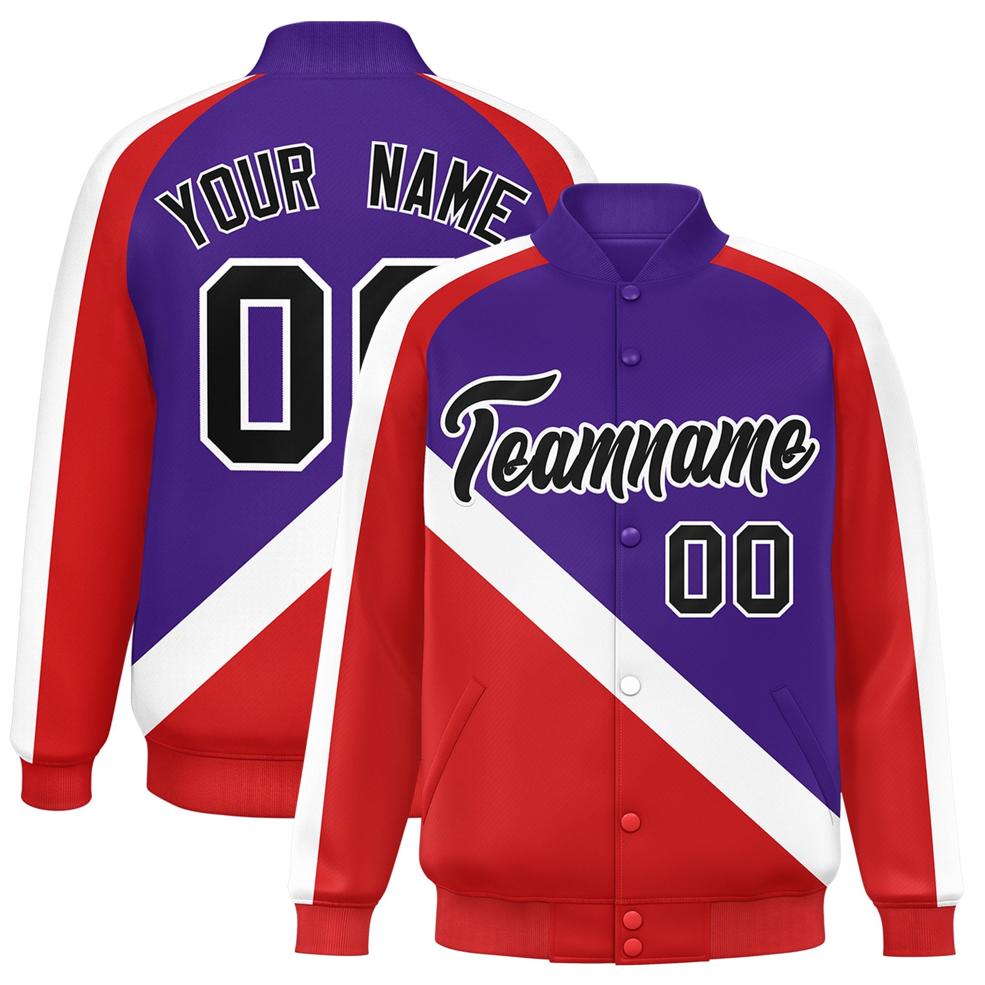 Custom Purple Red Raglan Sleeves Varsity Full-Snap Letterman Baseball Jacket