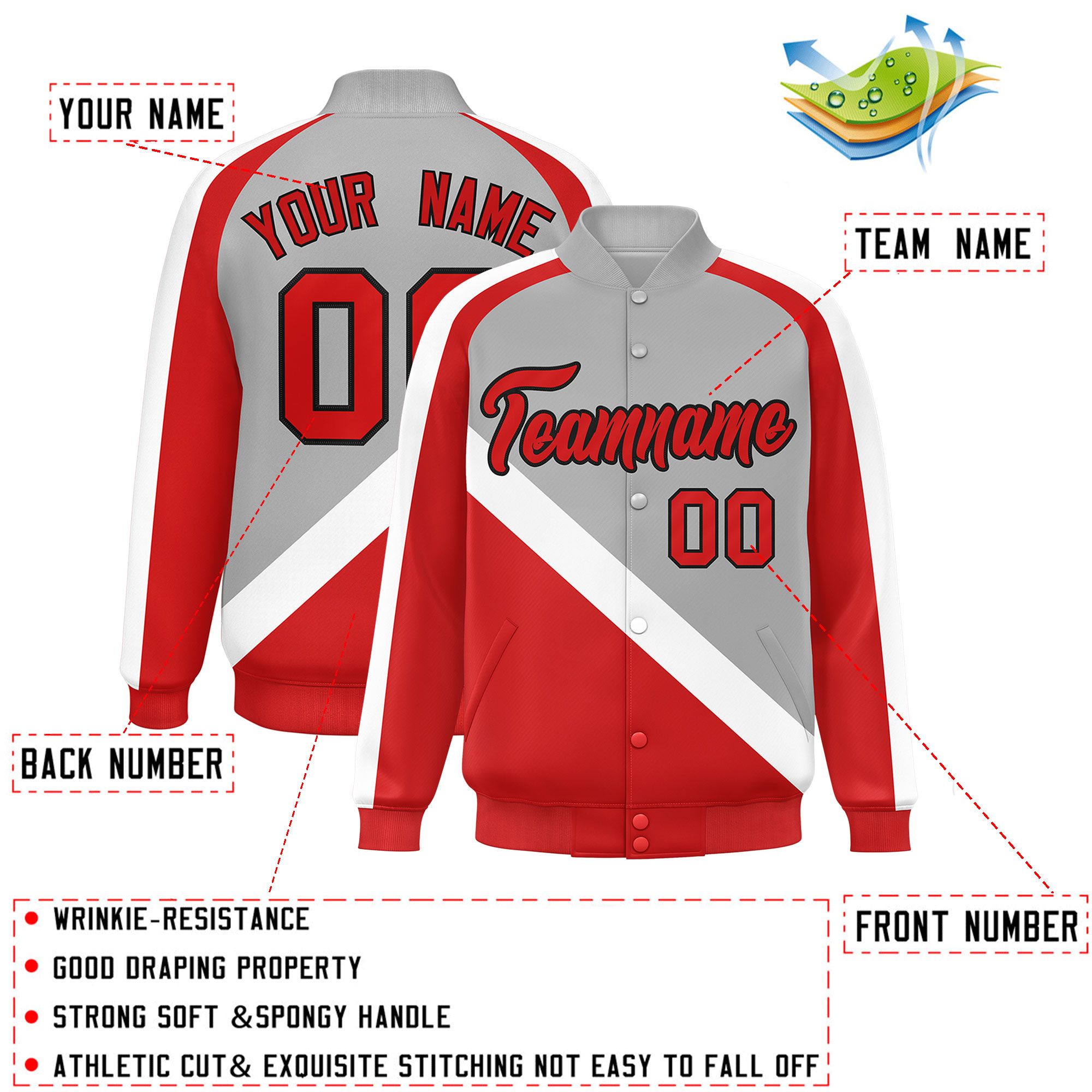 Custom Gray Red Raglan Sleeves Varsity Full-Snap Letterman Baseball Jacket