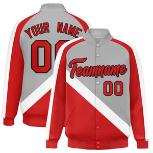 Custom Gray Red Raglan Sleeves Varsity Full-Snap Letterman Baseball Jacket