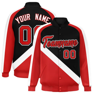 Custom Black Red Raglan Sleeves Varsity Full-Snap Letterman Baseball Jacket