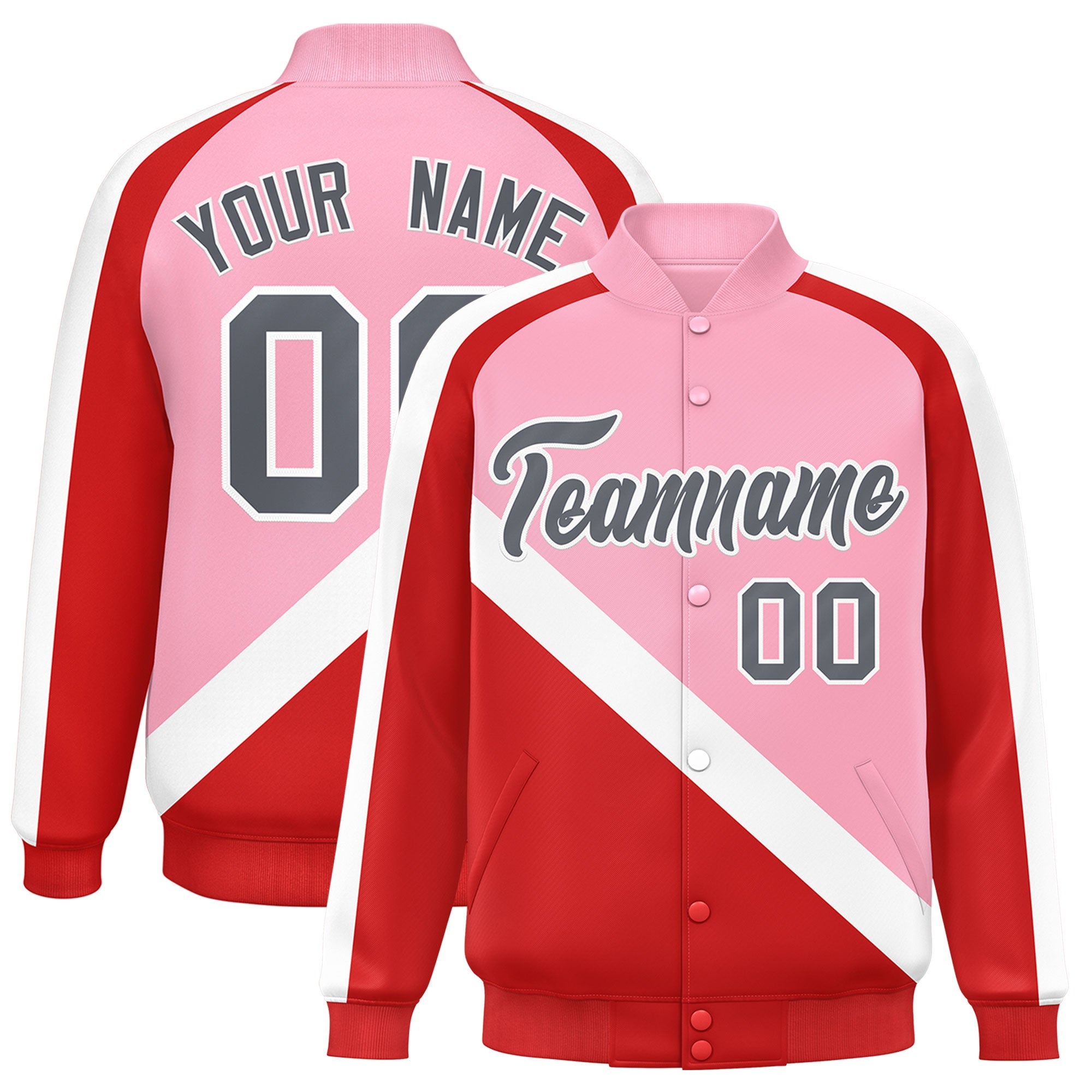 Custom Light Pink Red Raglan Sleeves Varsity Full-Snap Letterman Baseball Jacket