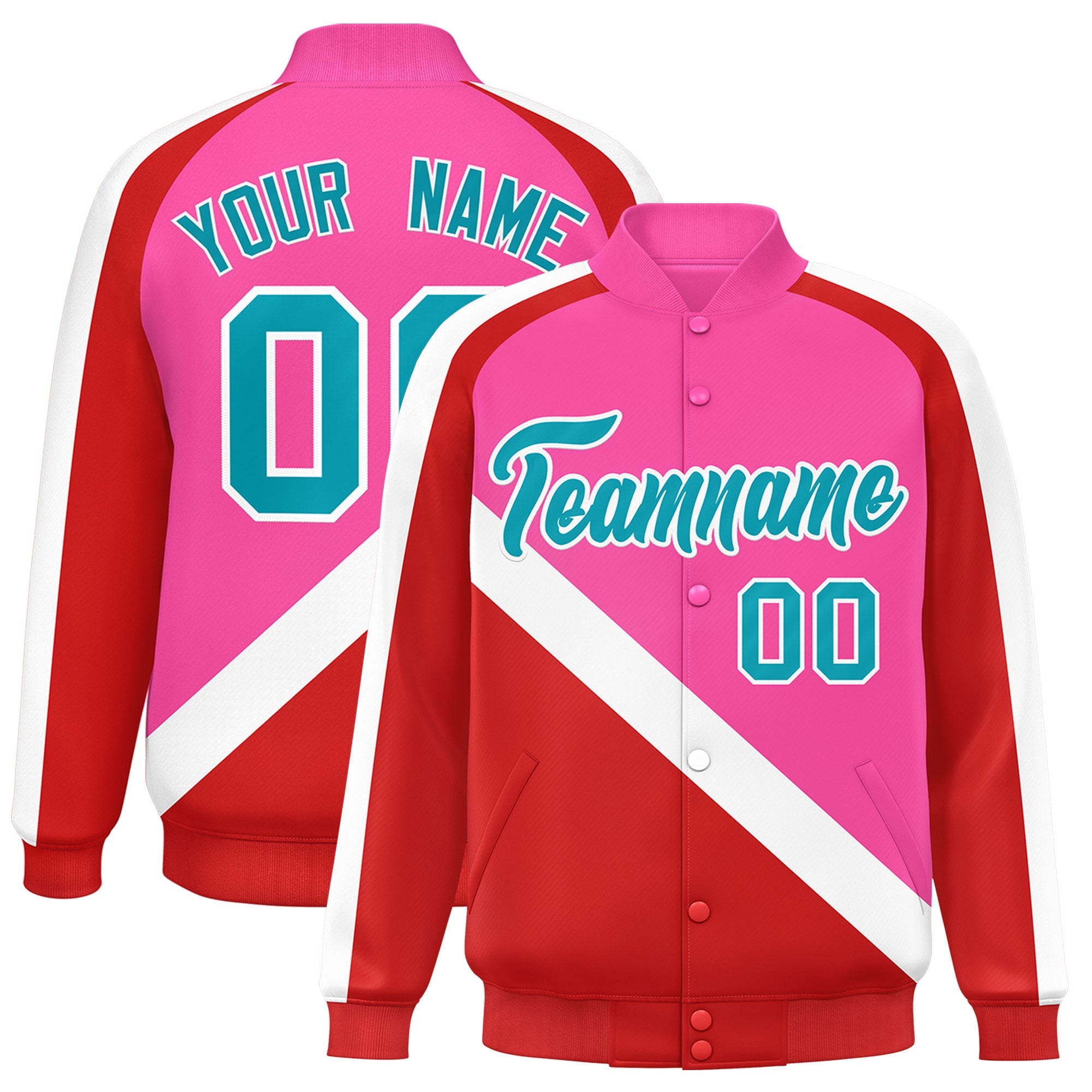 Custom Pink Red Raglan Sleeves Varsity Full-Snap Letterman Baseball Jacket