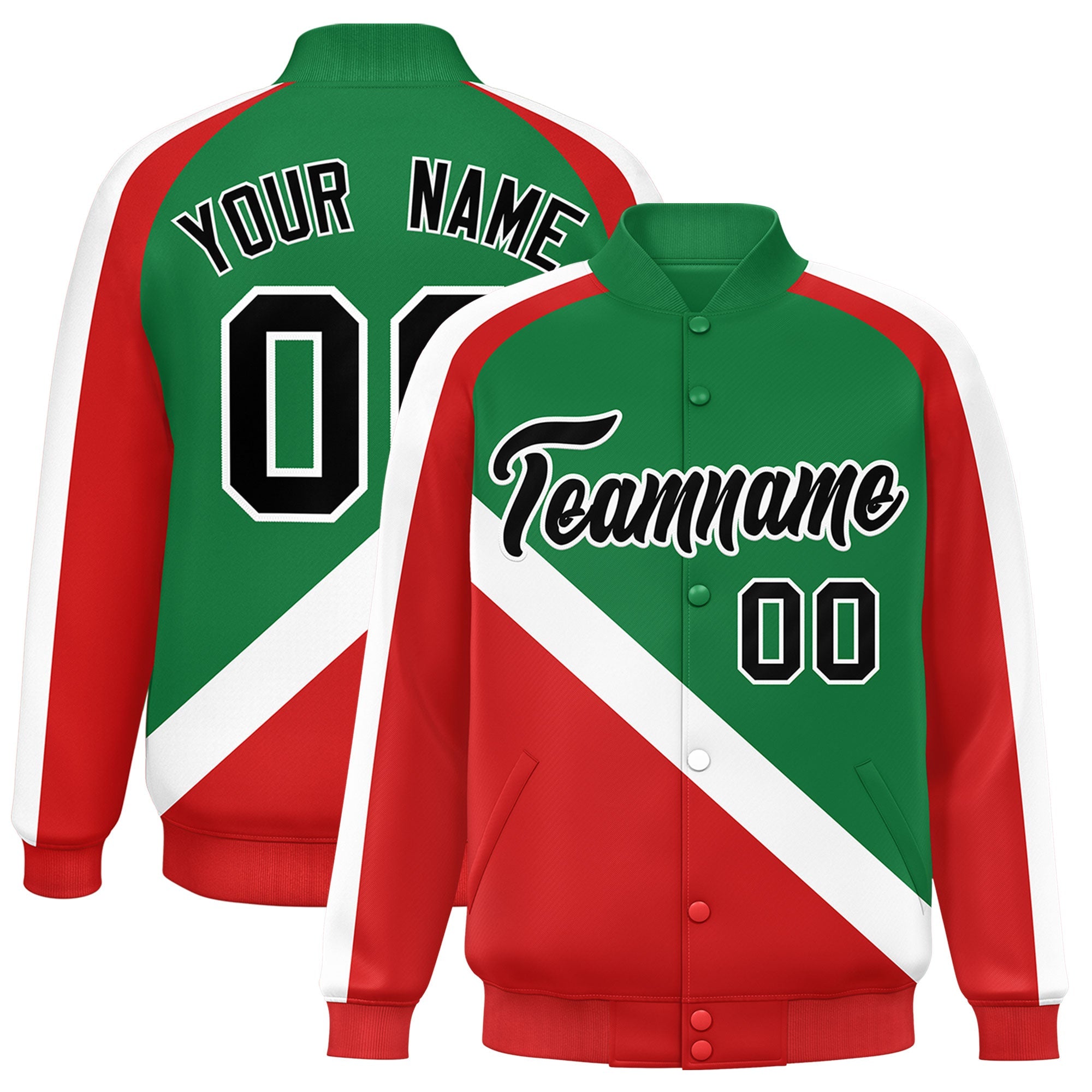 Custom Kelly Green Red Raglan Sleeves Varsity Full-Snap Letterman Baseball Jacket