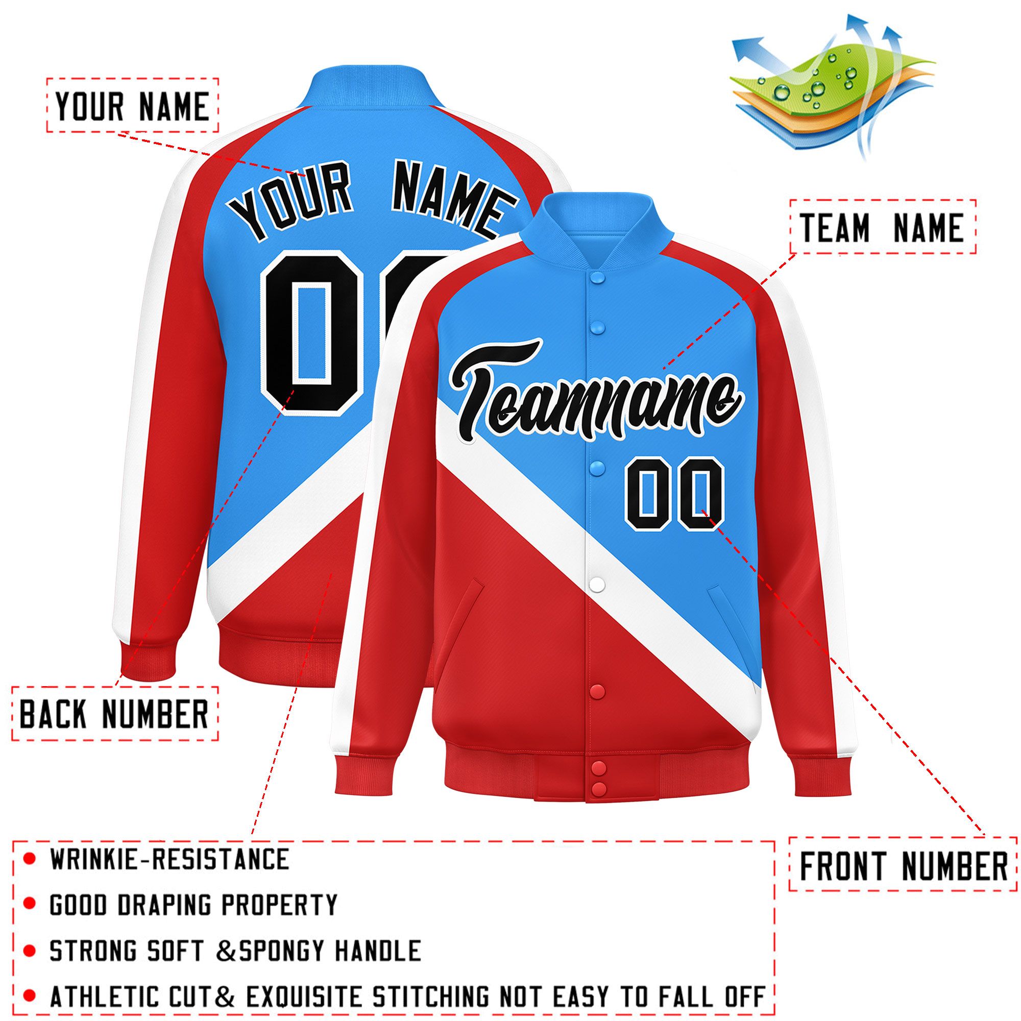 Custom Powder Blue Red Raglan Sleeves Varsity Full-Snap Letterman Baseball Jacket