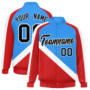 Custom Powder Blue Red Raglan Sleeves Varsity Full-Snap Letterman Baseball Jacket