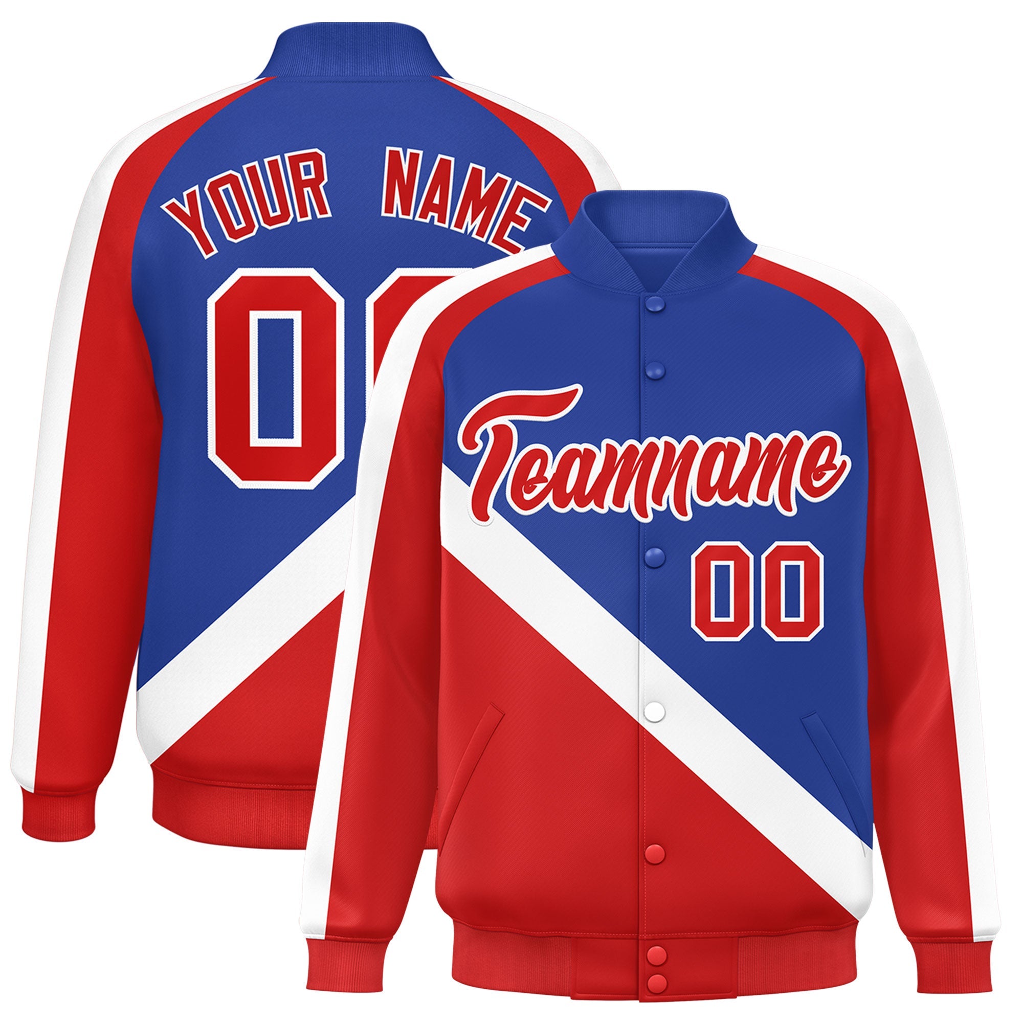 Custom Royal Red Raglan Sleeves Varsity Full-Snap Letterman Baseball Jacket