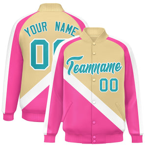 Custom Khaki Pink Raglan Sleeves Varsity Full-Snap Letterman Baseball Jacket