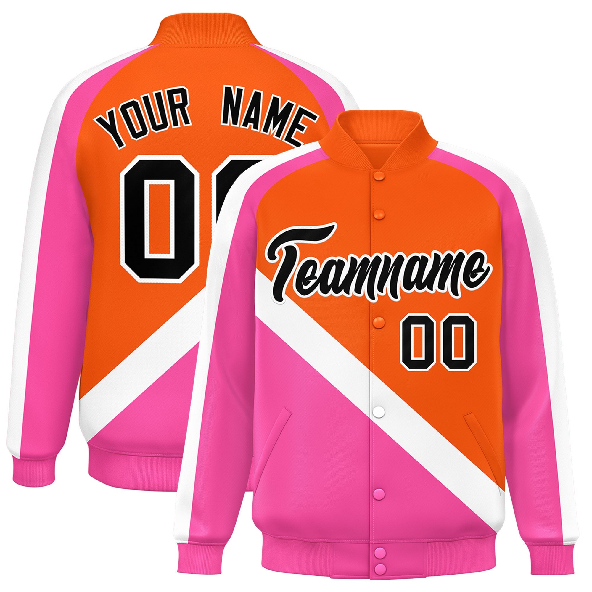 Custom Orange Pink Raglan Sleeves Varsity Full-Snap Letterman Baseball Jacket