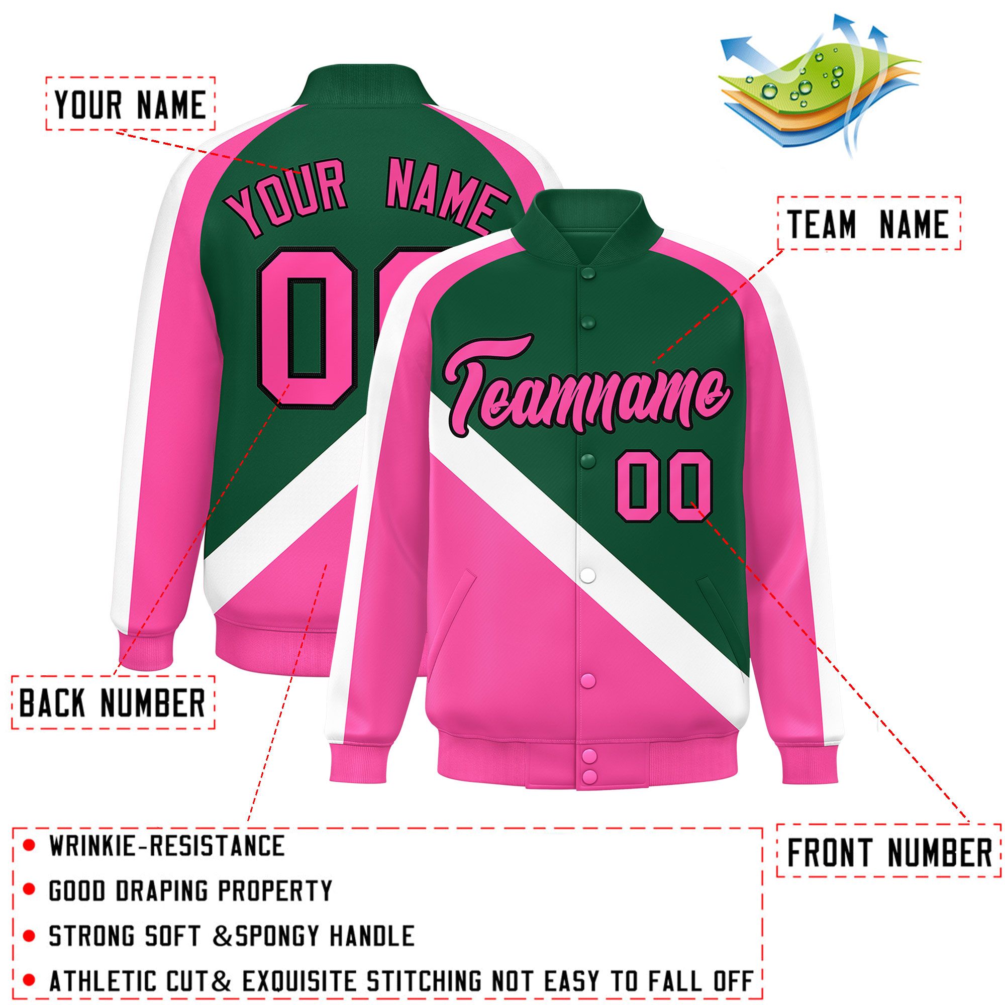 Custom Green Pink Raglan Sleeves Varsity Full-Snap Letterman Baseball Jacket