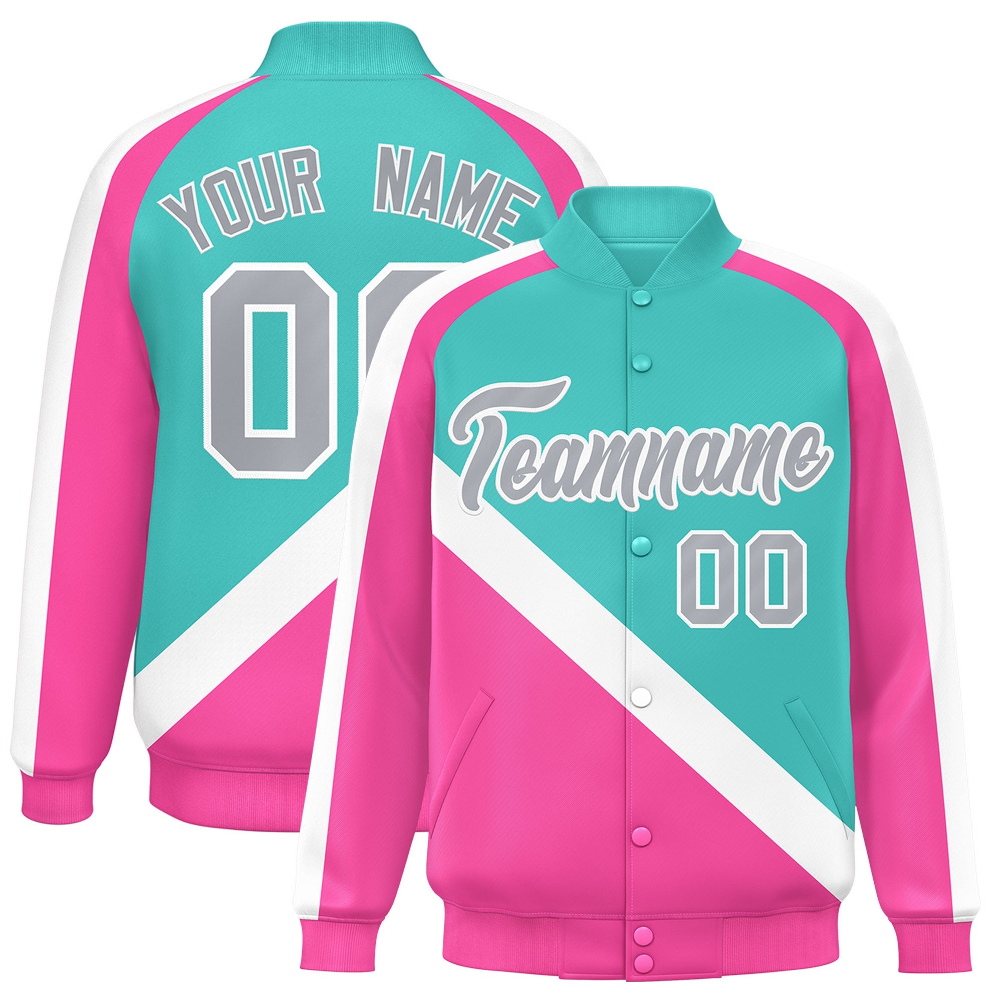 Custom Bright Green Pink Raglan Sleeves Varsity Full-Snap Letterman Baseball Jacket