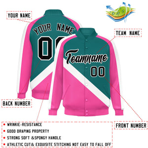 Custom Aqua Pink Raglan Sleeves Varsity Full-Snap Letterman Baseball Jacket