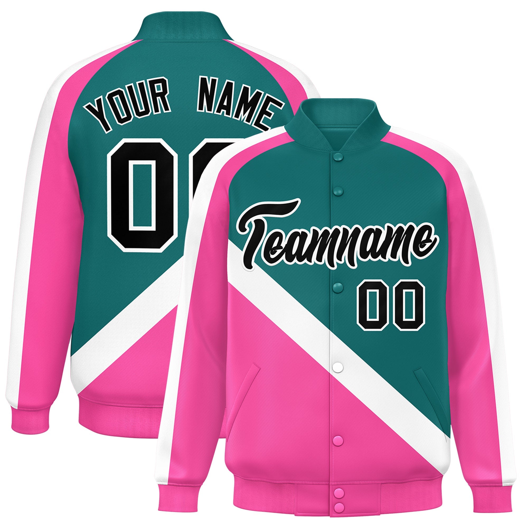 Custom Aqua Pink Raglan Sleeves Varsity Full-Snap Letterman Baseball Jacket