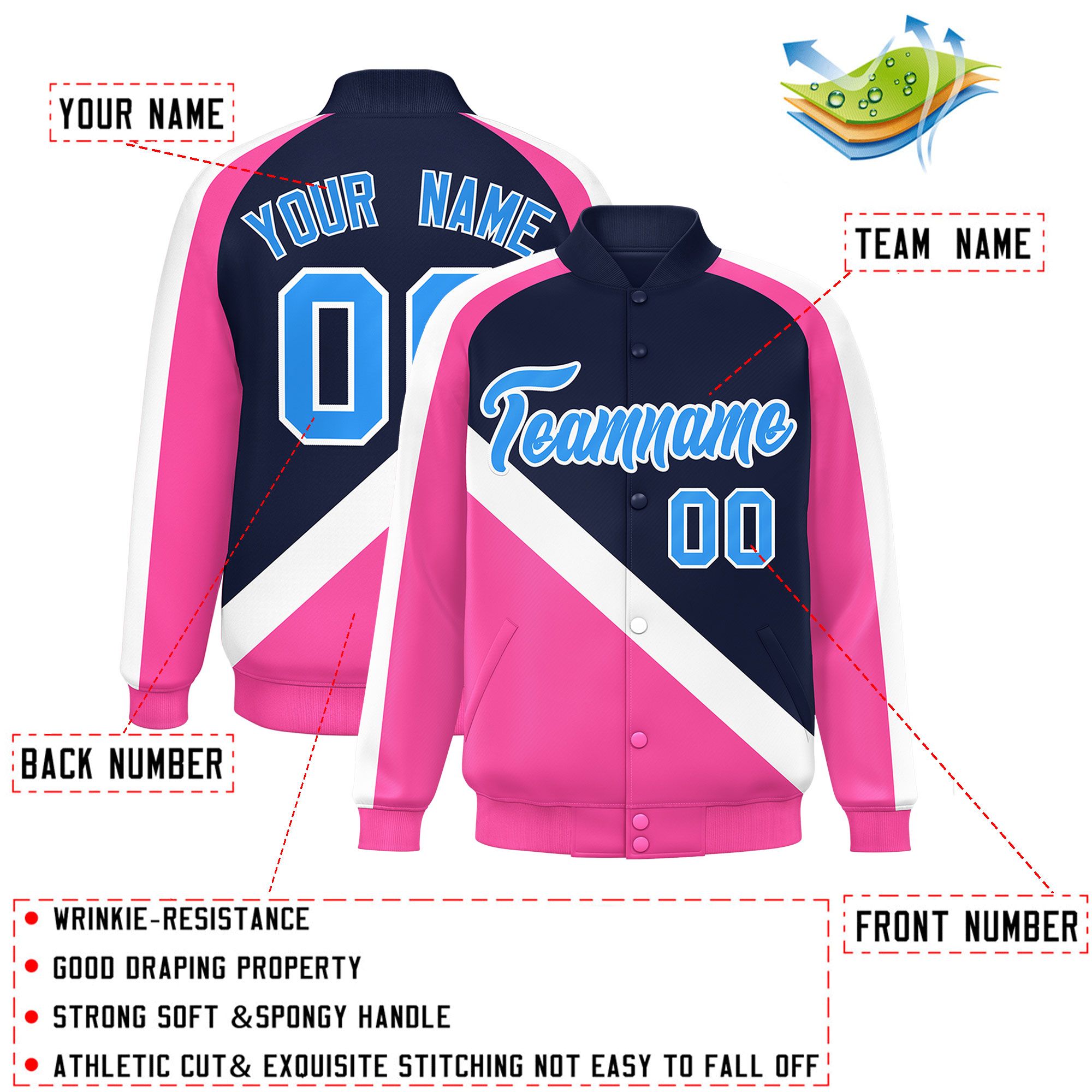 Custom Navy Pink Raglan Sleeves Varsity Full-Snap Letterman Baseball Jacket