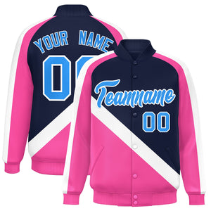 Custom Navy Pink Raglan Sleeves Varsity Full-Snap Letterman Baseball Jacket