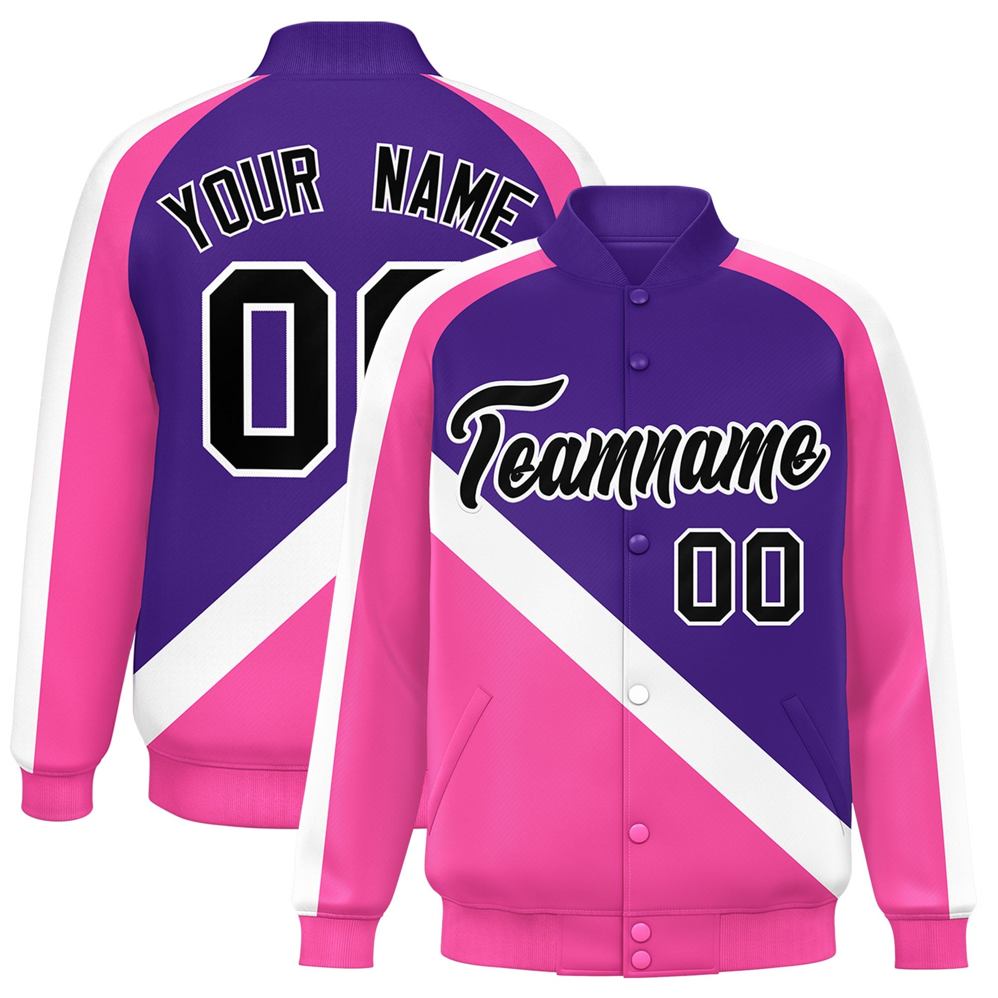 Custom Purple Pink Raglan Sleeves Varsity Full-Snap Letterman Baseball Jacket