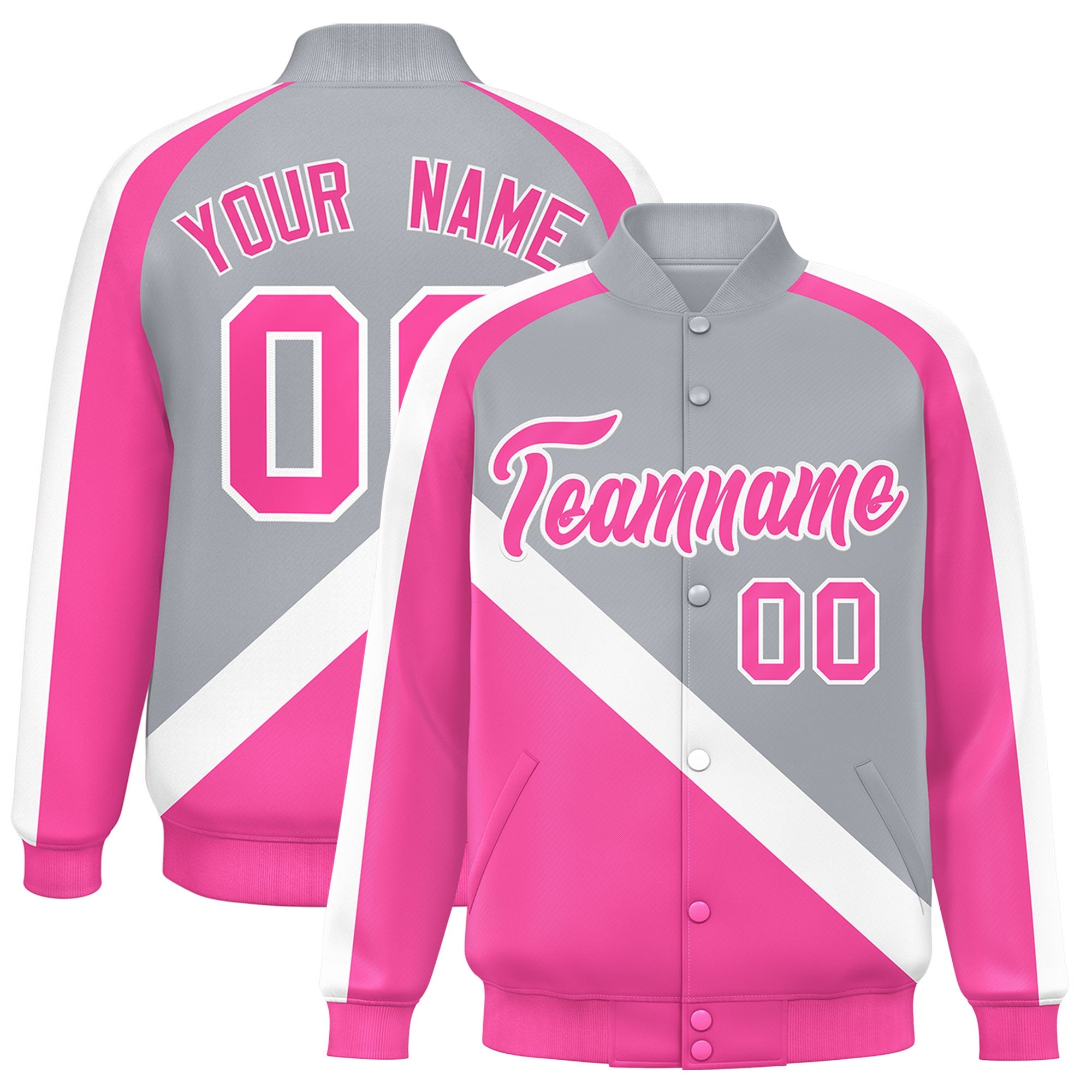 Custom Gray Pink Raglan Sleeves Varsity Full-Snap Letterman Baseball Jacket