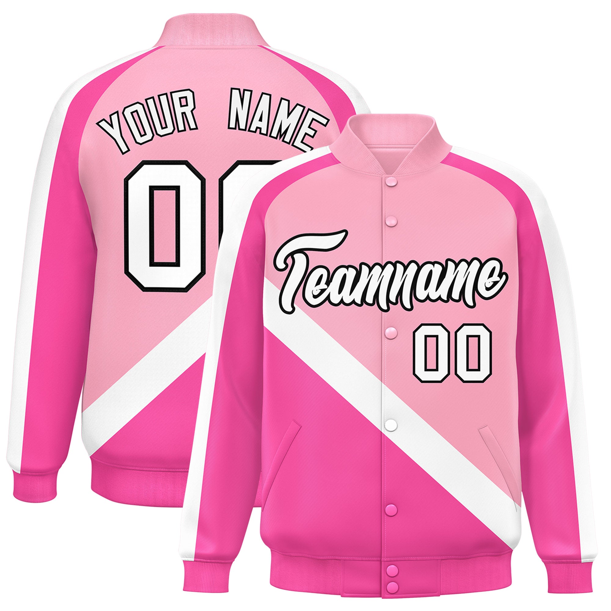 Custom Light Pink Pink Raglan Sleeves Varsity Full-Snap Letterman Baseball Jacket