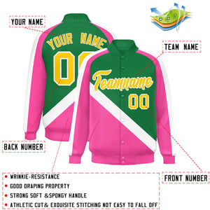 Custom Kelly Green Pink Raglan Sleeves Varsity Full-Snap Letterman Baseball Jacket