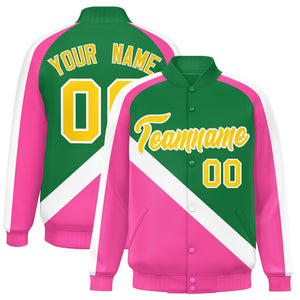 Custom Kelly Green Pink Raglan Sleeves Varsity Full-Snap Letterman Baseball Jacket