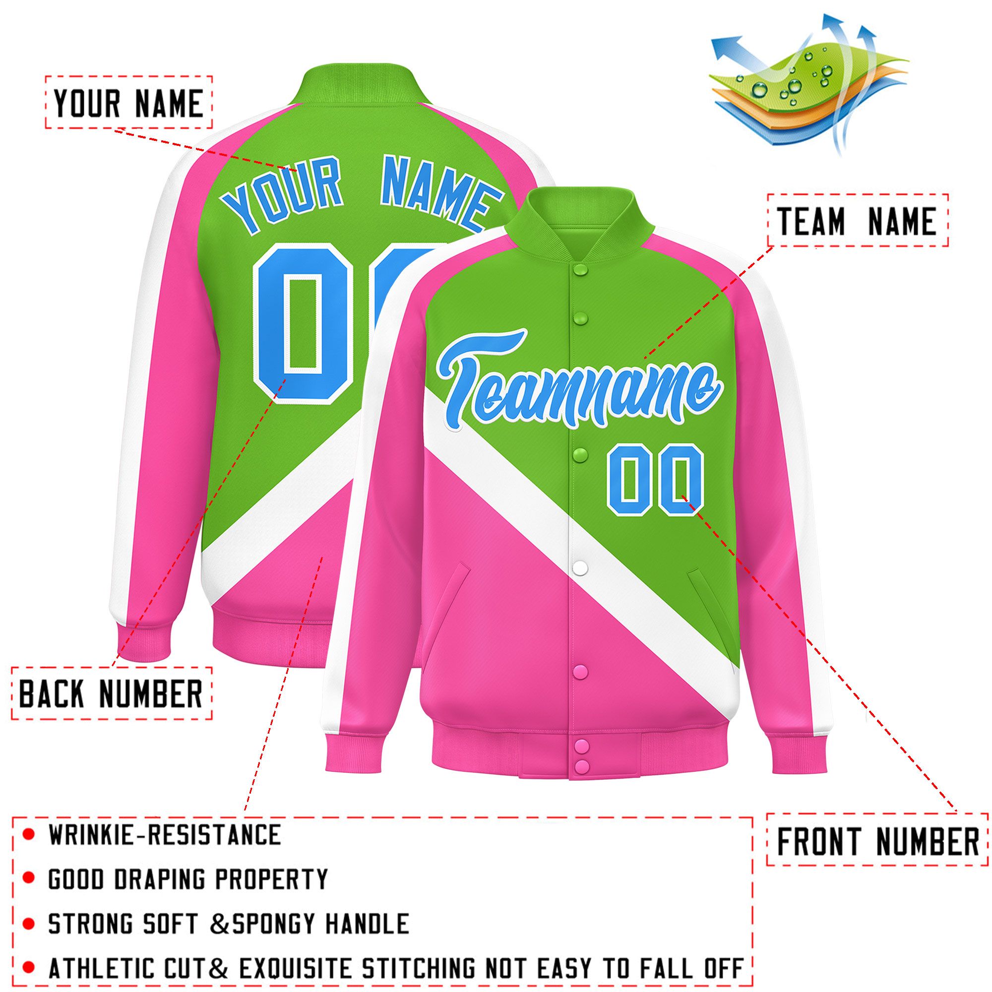 Custom Green Pink Raglan Sleeves Varsity Full-Snap Letterman Baseball Jacket