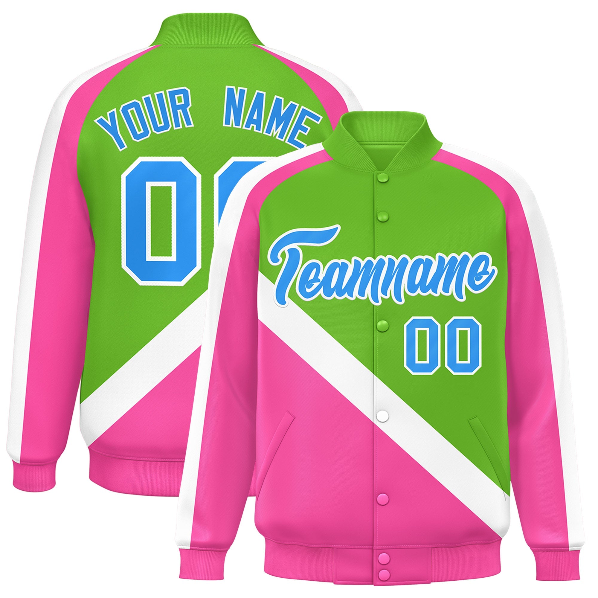 Custom Green Pink Raglan Sleeves Varsity Full-Snap Letterman Baseball Jacket