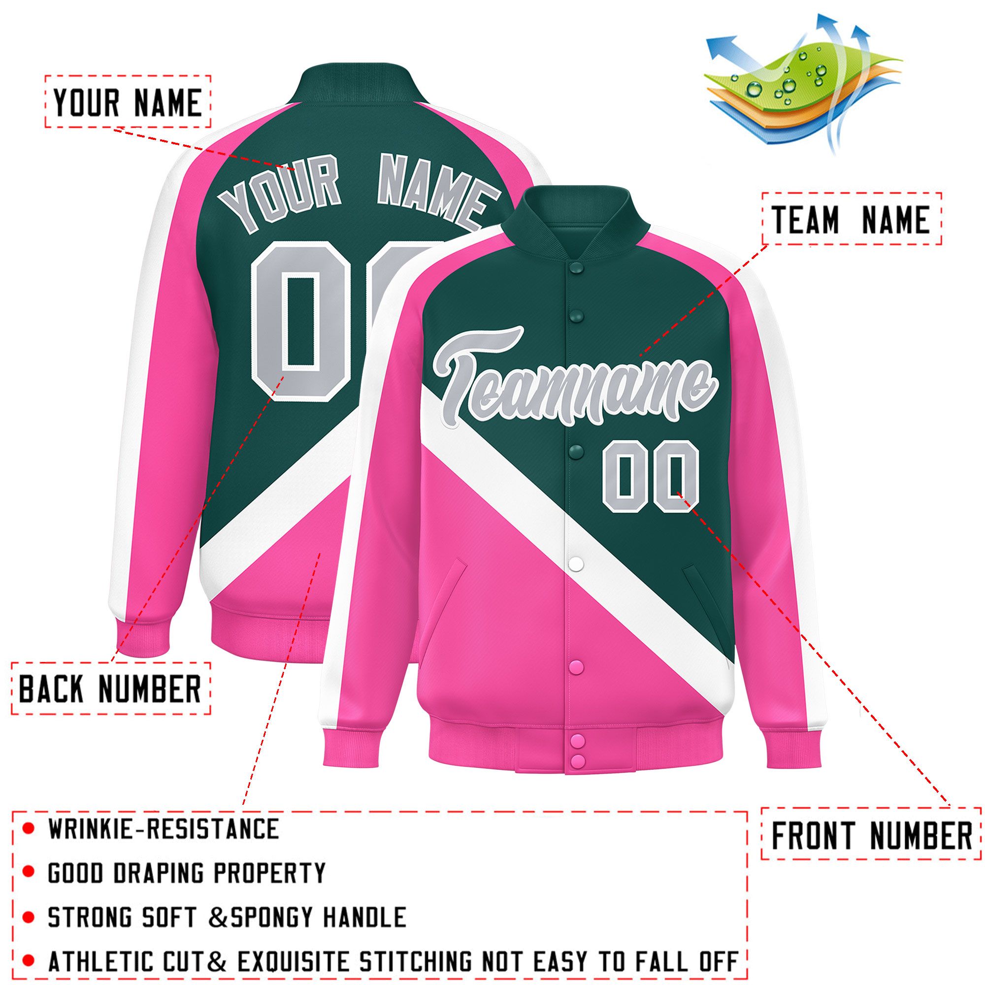 Custom Midnight Green Pink Raglan Sleeves Varsity Full-Snap Letterman Baseball Jacket