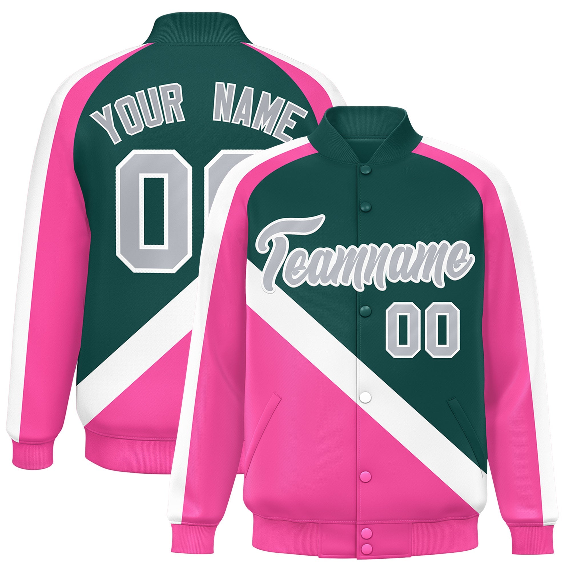 Custom Midnight Green Pink Raglan Sleeves Varsity Full-Snap Letterman Baseball Jacket