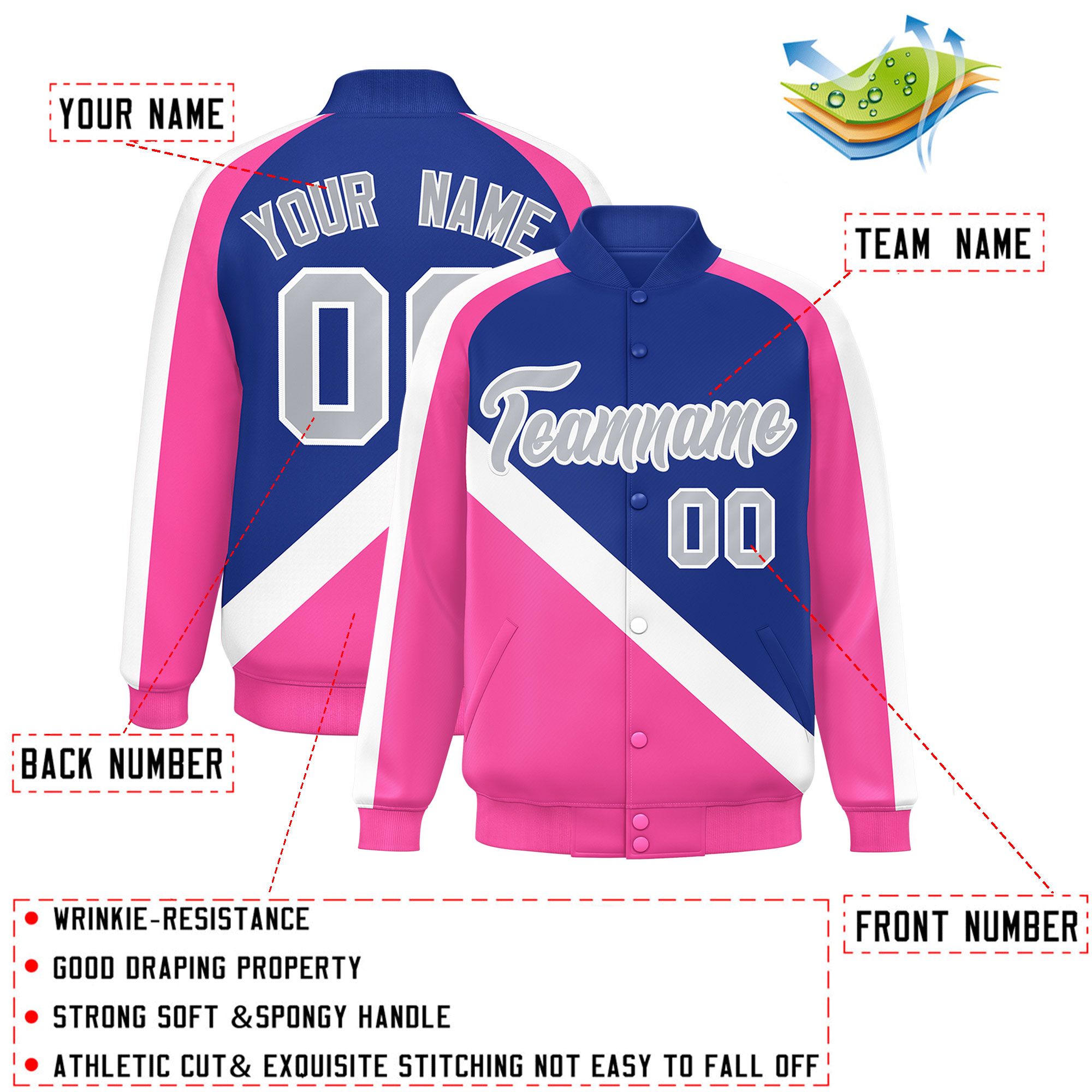 Custom Royal Pink Raglan Sleeves Varsity Full-Snap Letterman Baseball Jacket