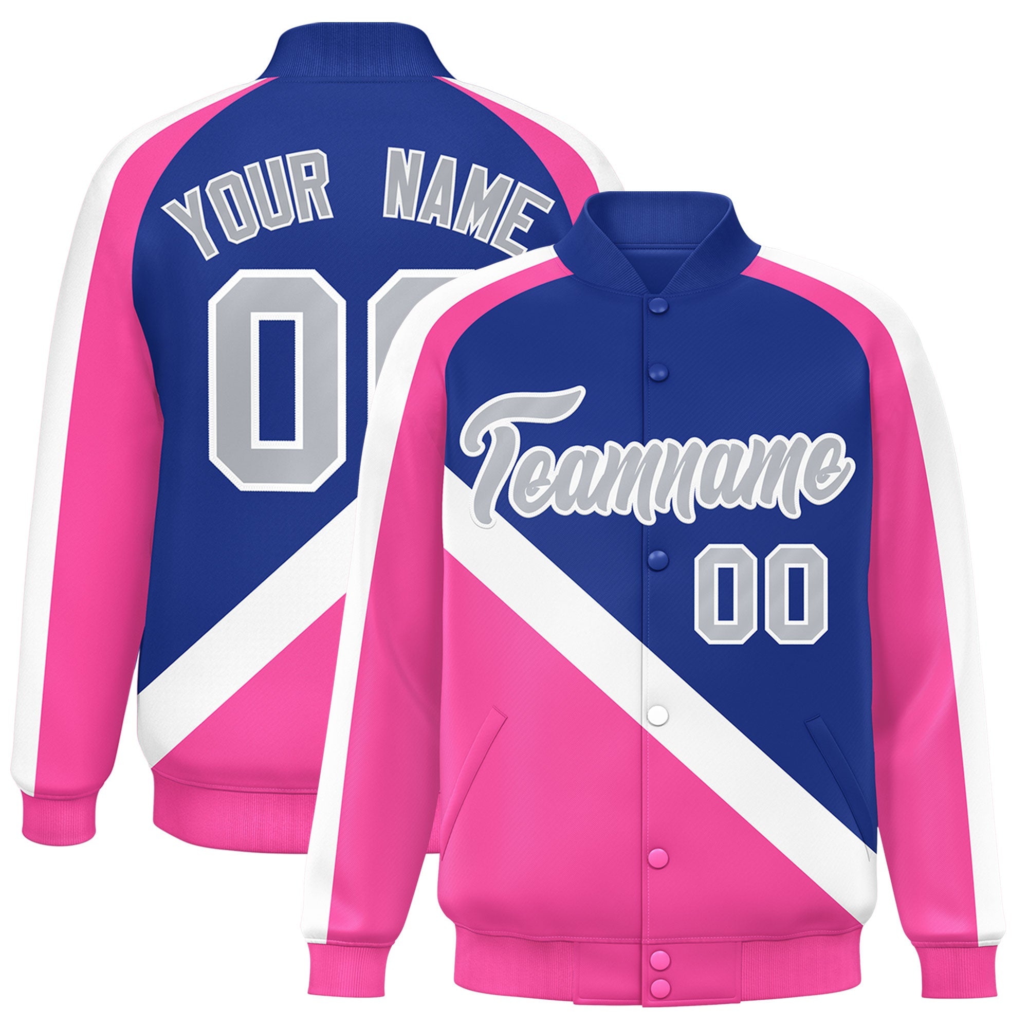 Custom Royal Pink Raglan Sleeves Varsity Full-Snap Letterman Baseball Jacket