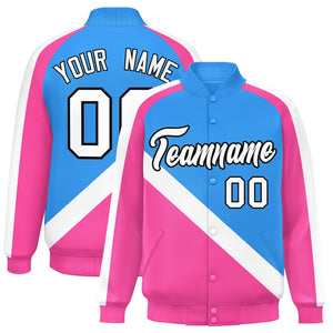 Custom Powder Blue Pink Raglan Sleeves Varsity Full-Snap Letterman Baseball Jacket