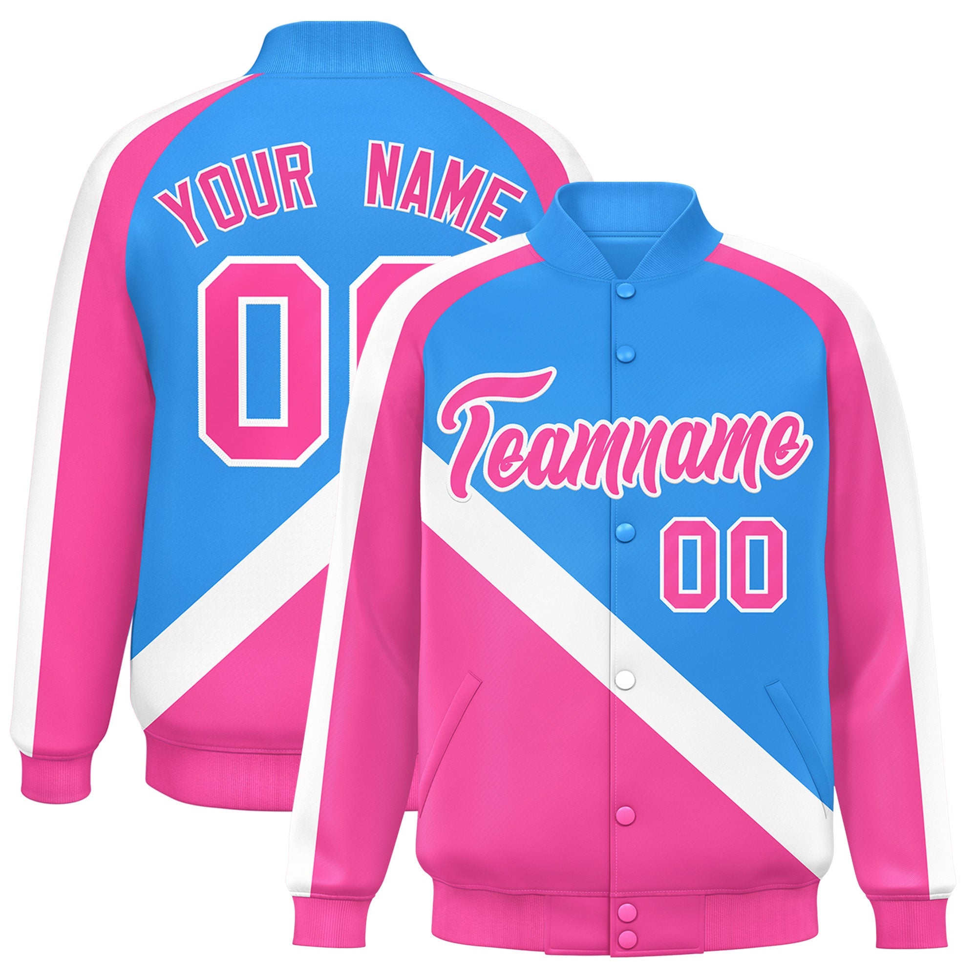 Custom Powder Blue Pink Raglan Sleeves Varsity Full-Snap Letterman Baseball Jacket