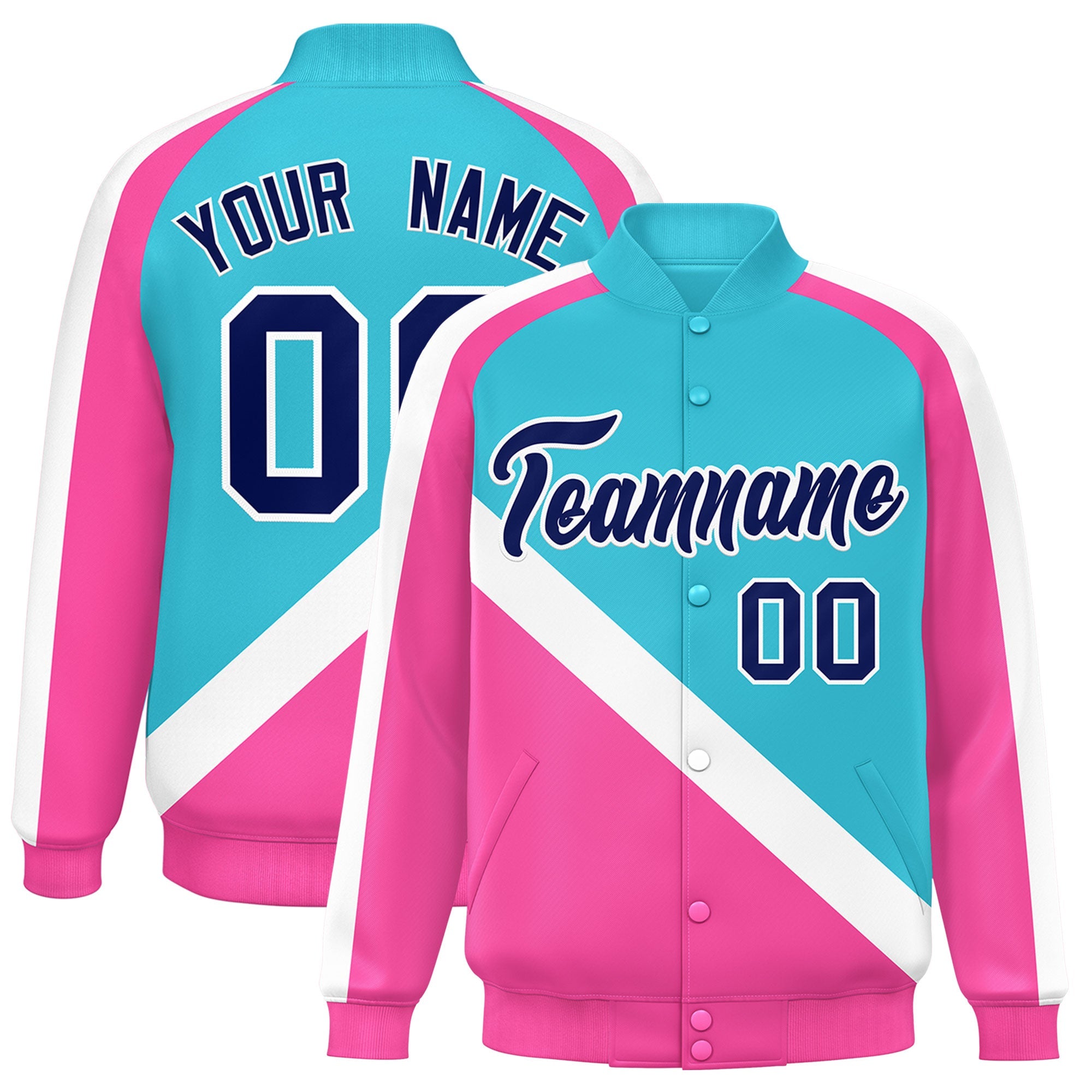 Custom Sky Blue Pink Raglan Sleeves Varsity Full-Snap Letterman Baseball Jacket