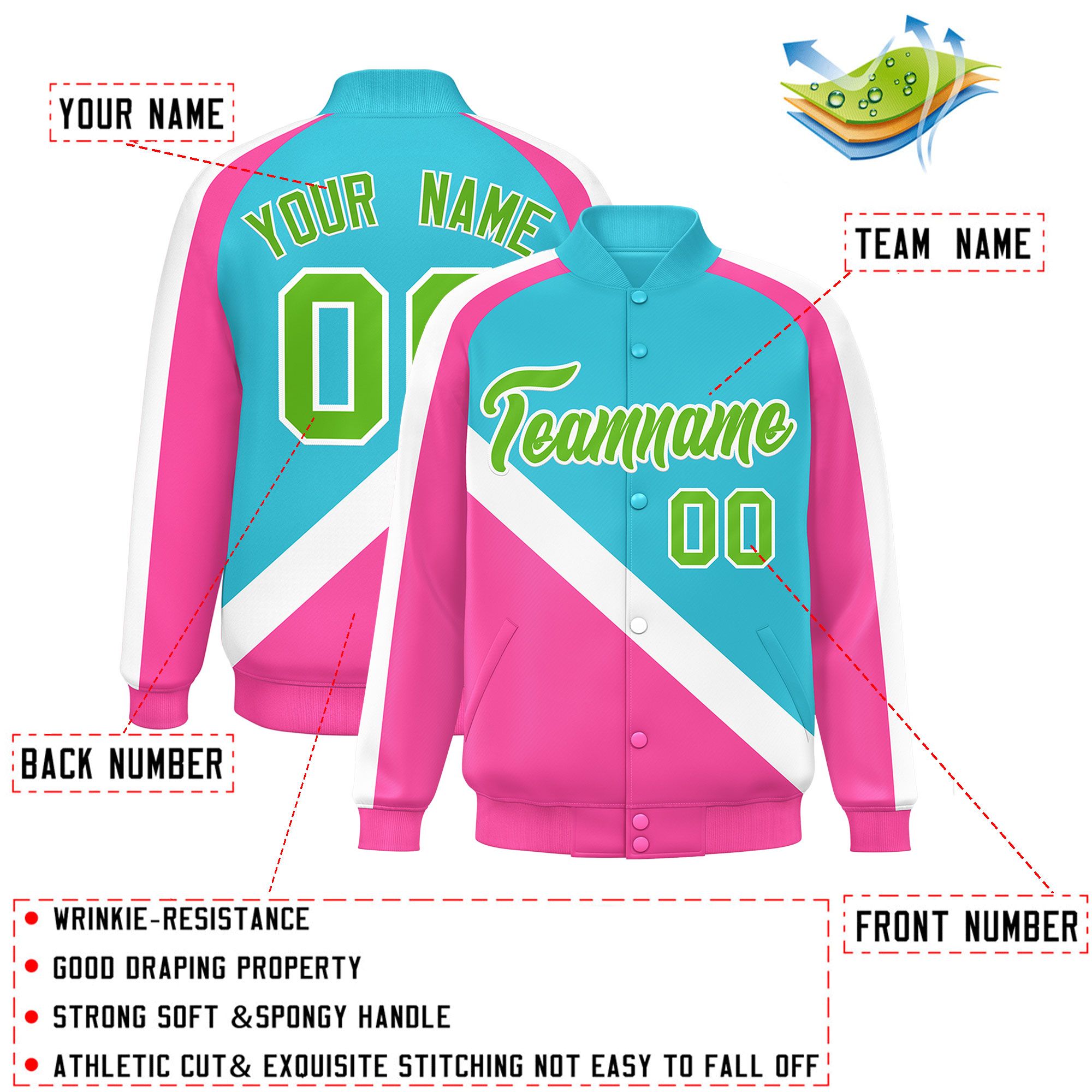 Custom Sky Blue Pink Raglan Sleeves Varsity Full-Snap Letterman Baseball Jacket