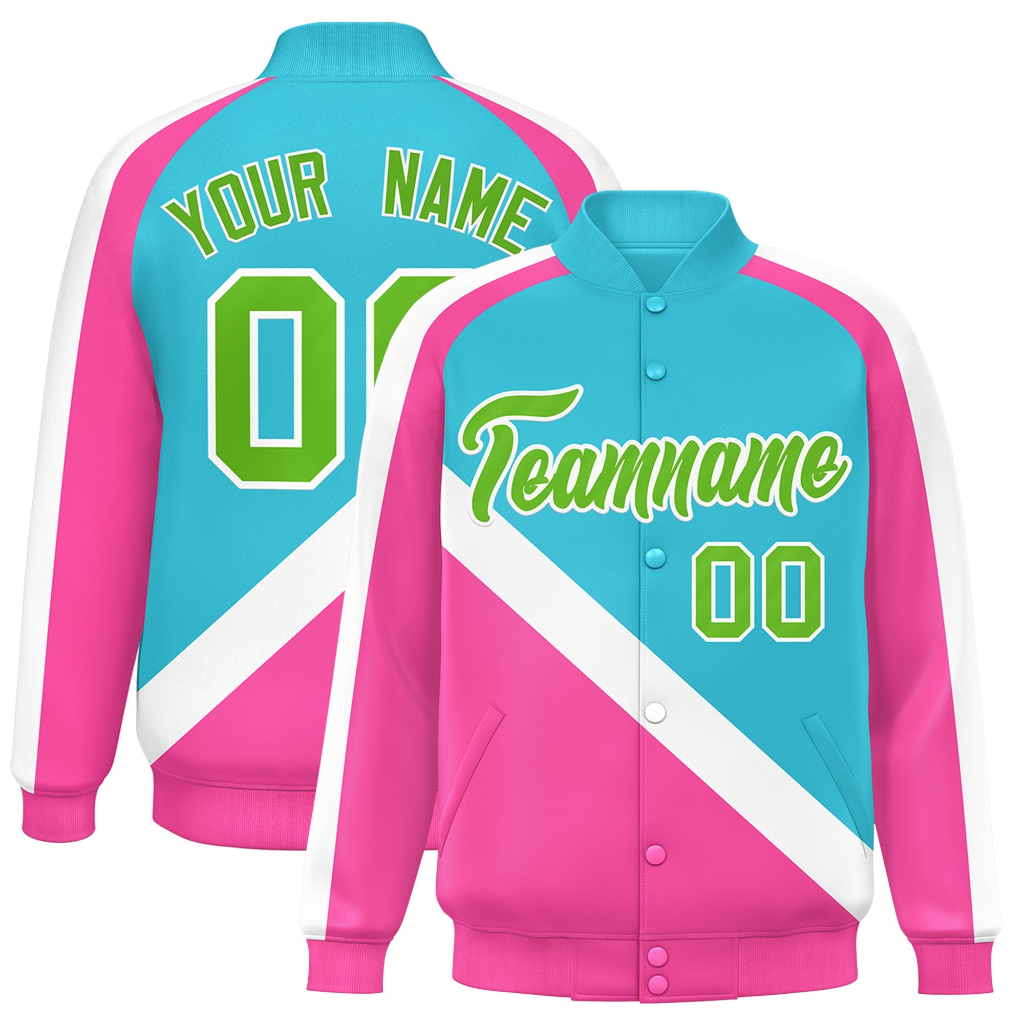 Custom Sky Blue Pink Raglan Sleeves Varsity Full-Snap Letterman Baseball Jacket