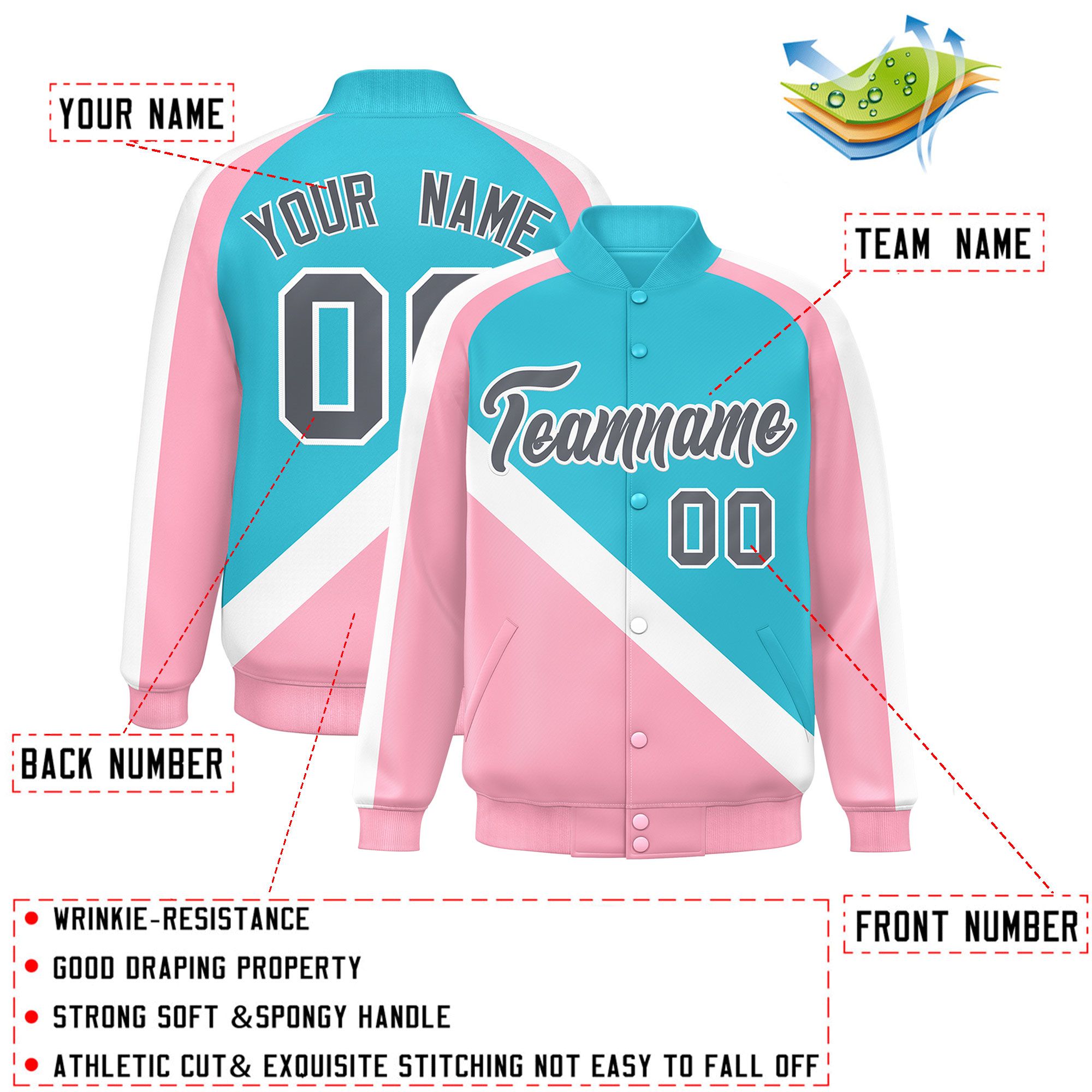 Custom Sky Blue Light Pink Raglan Sleeves Varsity Full-Snap Letterman Baseball Jacket