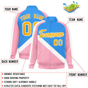 Custom Powder Blue Light Pink Raglan Sleeves Varsity Full-Snap Letterman Baseball Jacket