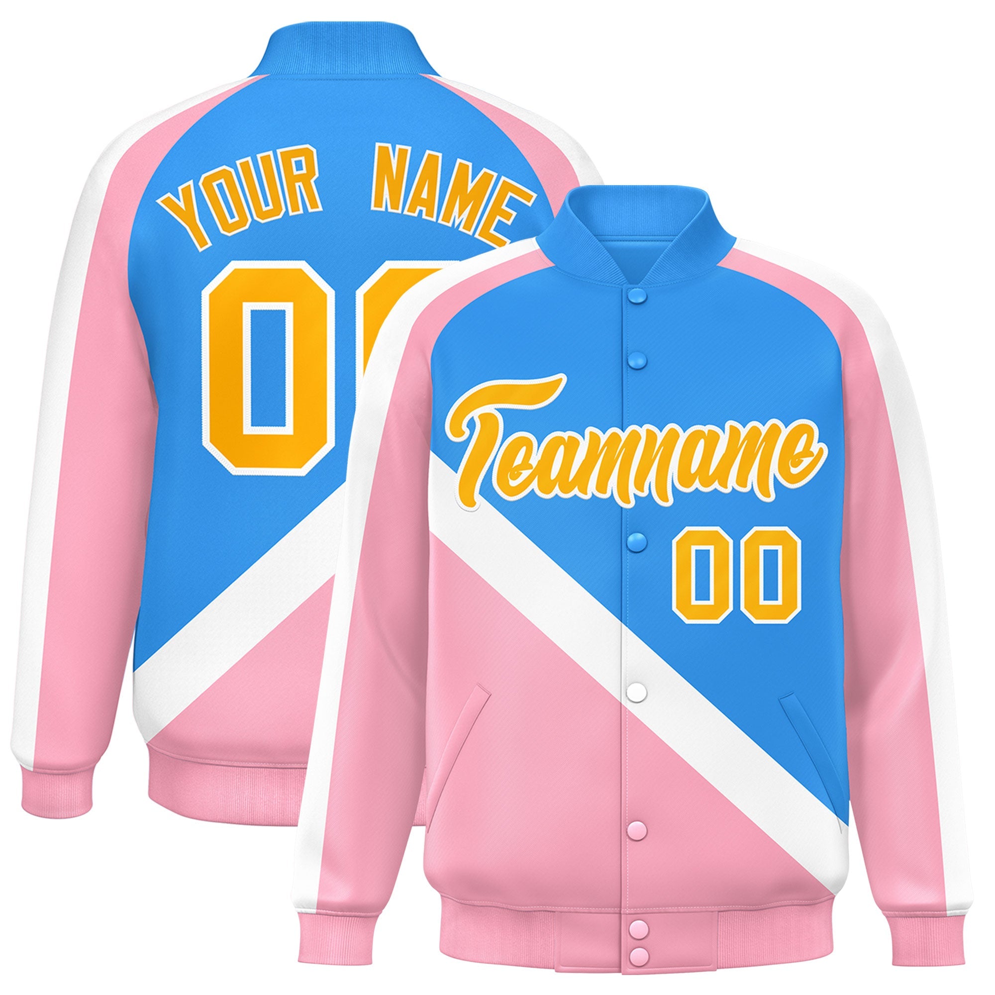 Custom Powder Blue Light Pink Raglan Sleeves Varsity Full-Snap Letterman Baseball Jacket