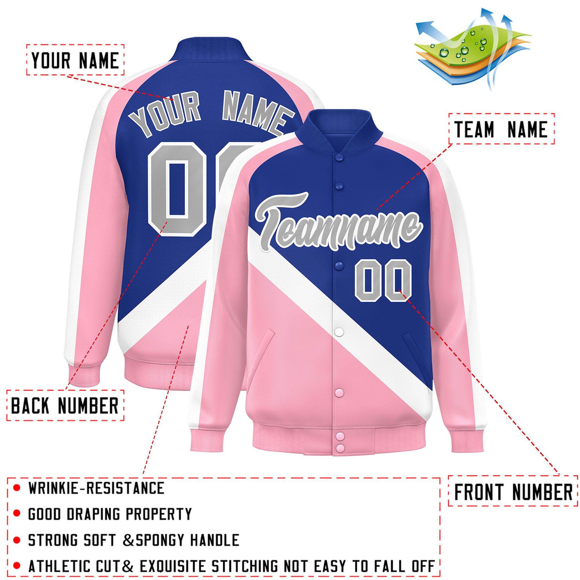 Custom Royal Light Pink Raglan Sleeves Varsity Full-Snap Letterman Baseball Jacket