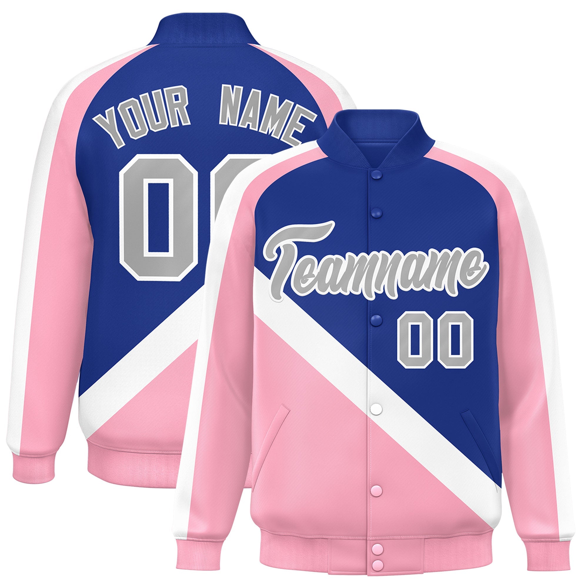 Custom Royal Light Pink Raglan Sleeves Varsity Full-Snap Letterman Baseball Jacket