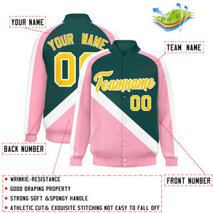 Custom Midnight Green Light Pink Raglan Sleeves Varsity Full-Snap Letterman Baseball Jacket