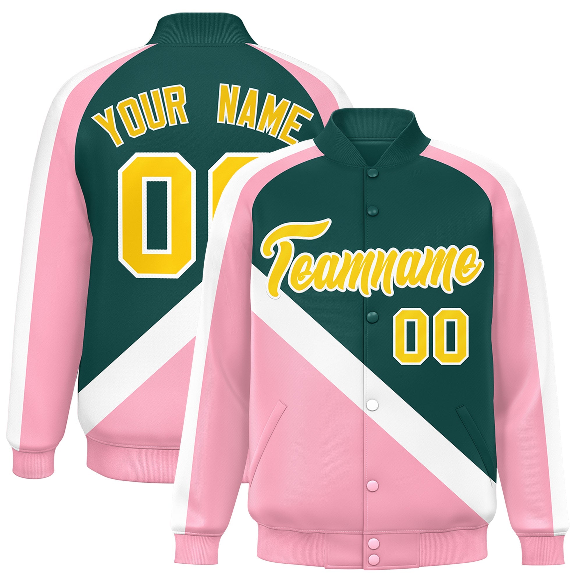 Custom Midnight Green Light Pink Raglan Sleeves Varsity Full-Snap Letterman Baseball Jacket