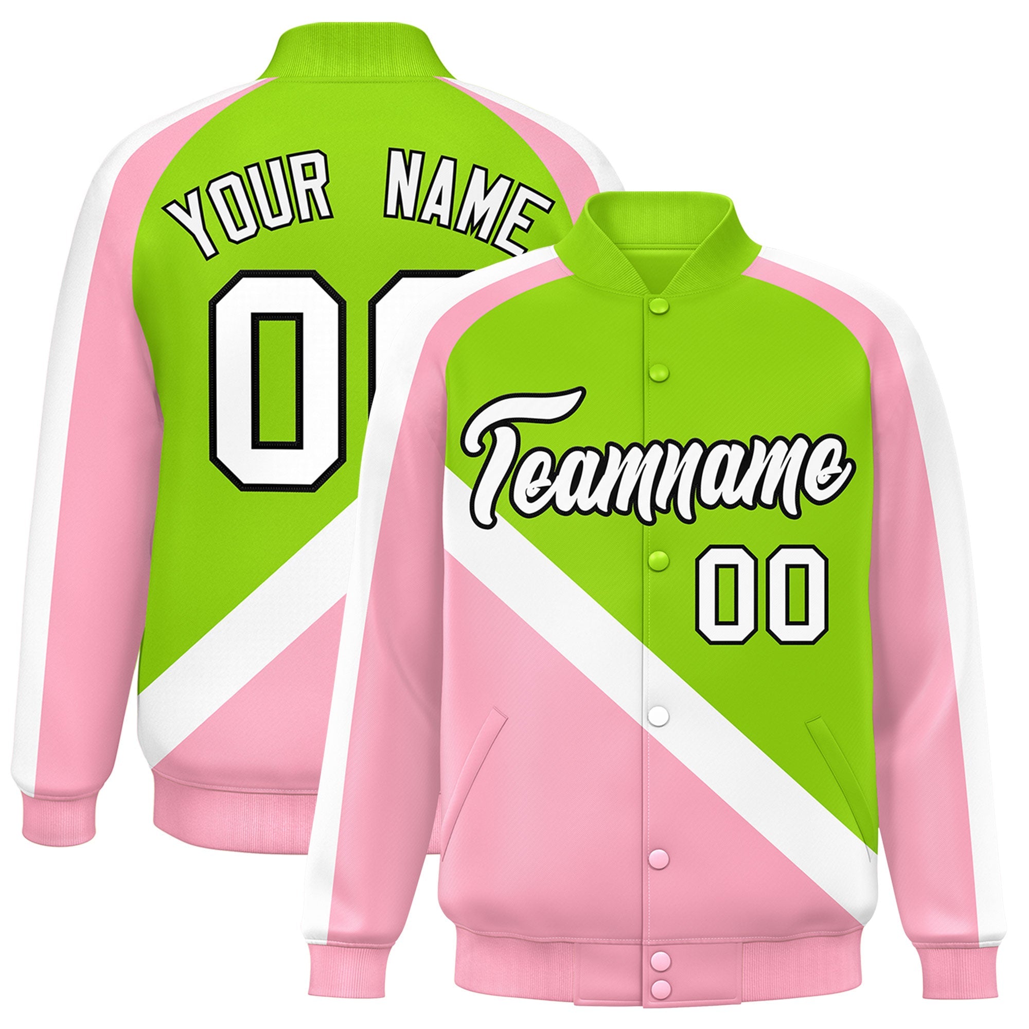 Custom Neon Green Light Pink Raglan Sleeves Varsity Full-Snap Letterman Baseball Jacket