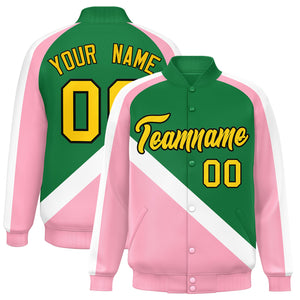 Custom Kelly Green Light Pink Raglan Sleeves Varsity Full-Snap Letterman Baseball Jacket