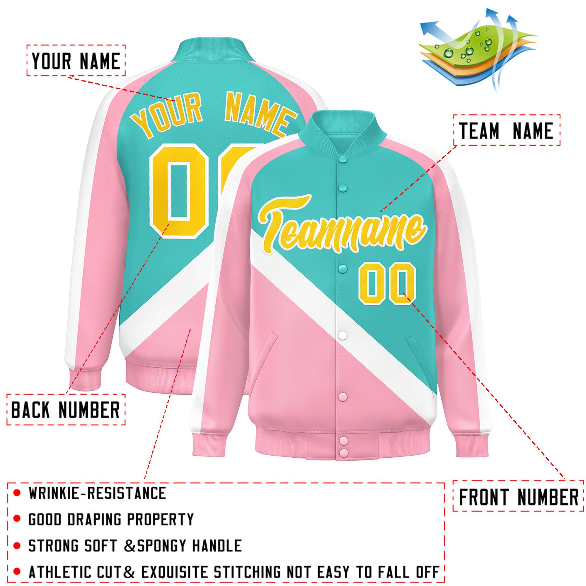 Custom Bright Green Light Pink Raglan Sleeves Varsity Full-Snap Letterman Baseball Jacket