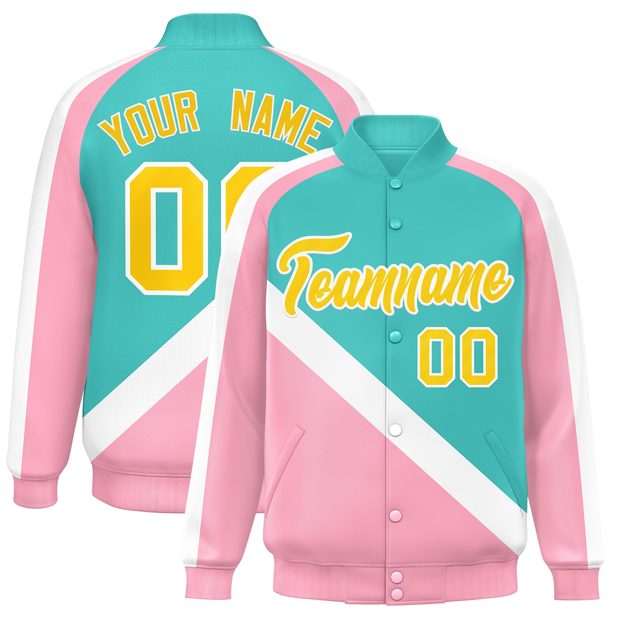 Custom Bright Green Light Pink Raglan Sleeves Varsity Full-Snap Letterman Baseball Jacket