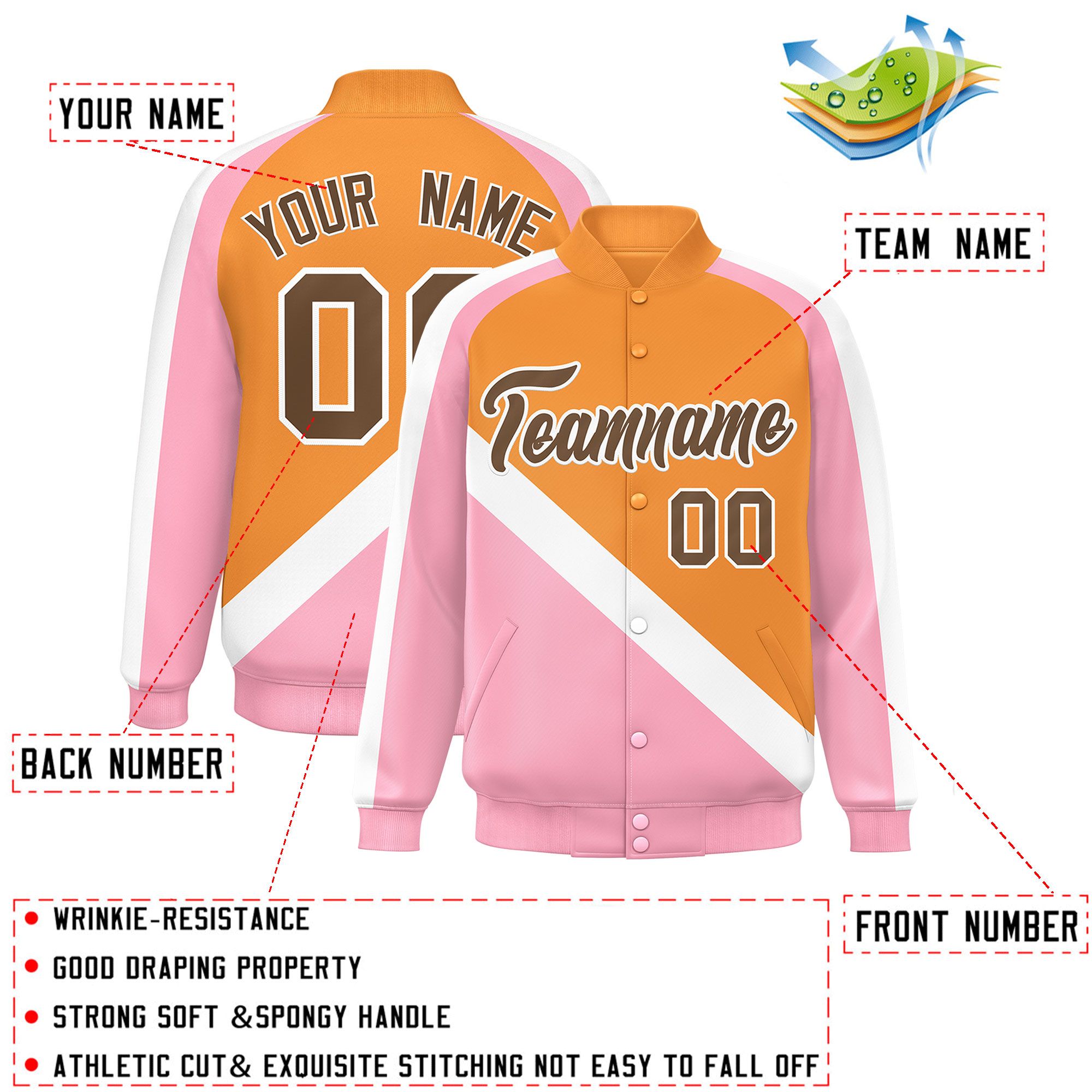 Custom Orange Light Pink Raglan Sleeves Varsity Full-Snap Letterman Baseball Jacket