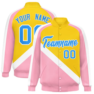 Custom Gold Light Pink Raglan Sleeves Varsity Full-Snap Letterman Baseball Jacket