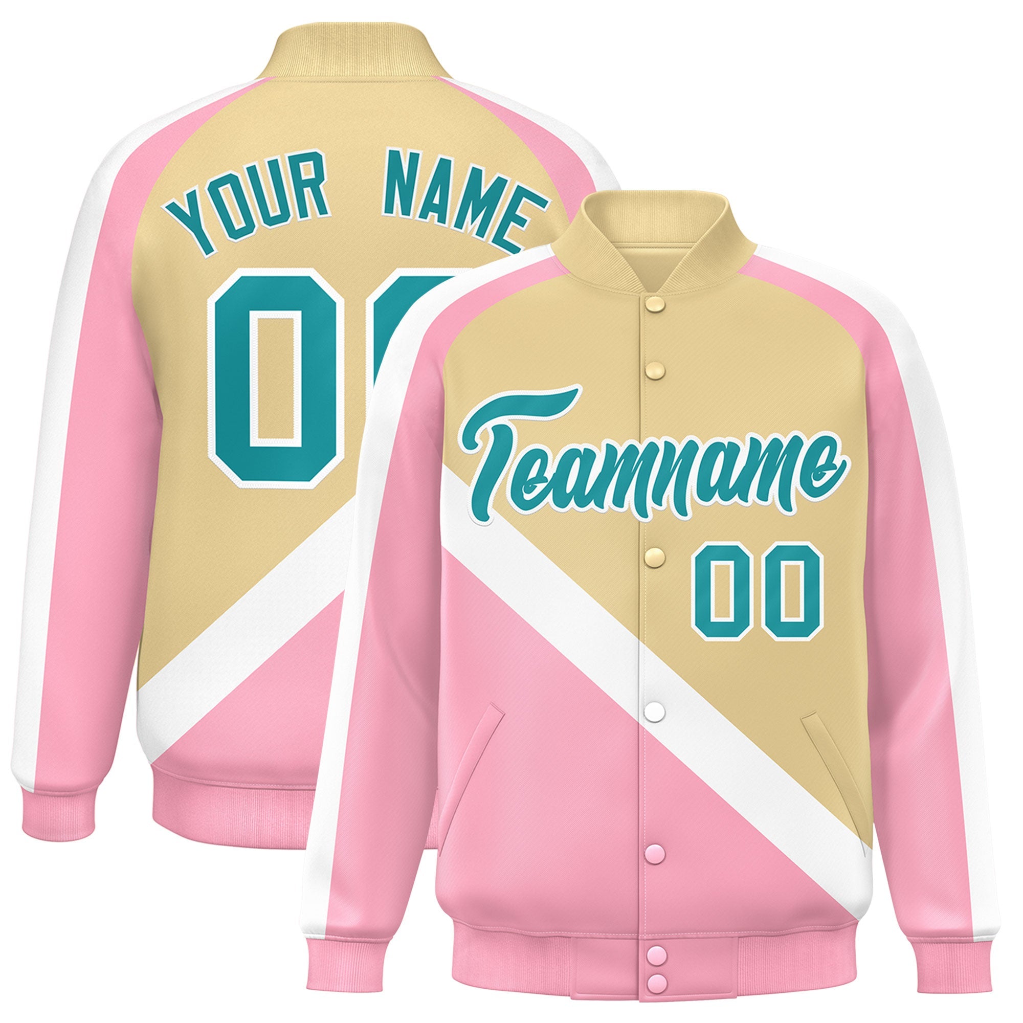 Custom Khaki Light Pink Raglan Sleeves Varsity Full-Snap Letterman Baseball Jacket